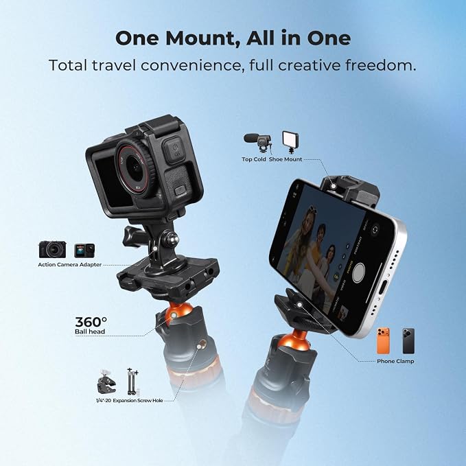 K&F CONCEPT Auto Open 62'' Selfie Stick Tripod with Remote for Vlog | 360° Ball Head Camera Tripod with 2-in-1 Phone Holder, Compatible with DJI Osmo Pocket 3 4 Insta360 Luna Ultra. MS34 - Image 3