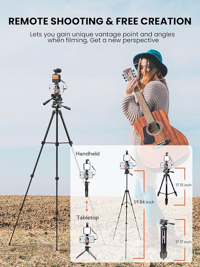 Content Creator Essentials w/Camera Tripod,Light & Mic Vlog K4 | Vlogging Kit for iPhone & Android,w/ Shotgun Microphone,59" Camera Mount Tripod,LED Light,Ball Head Mount for Video Recording - Image 2