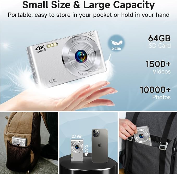 Digital Camera, 2026 4K Autofocus Digital Cameras for Teens, Silver Point and Shoot Camera for Kids with 16X Zoom, 64GB SD Card, Compact Small for Boys Girls Teens Kids Gift - Image 5
