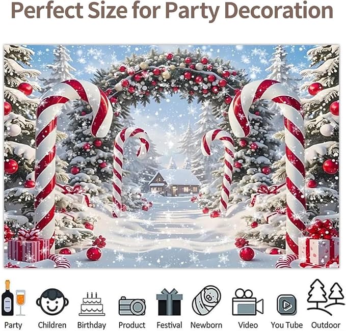 Winter Christmas Cane Candy Photography Backdrop 10x10ft | Xmas Snow Scene Christmas Tree Background, New Year Eve Party Decorations Banner, Winter Holiday Photo Studio Props, Vinyl - Image 4