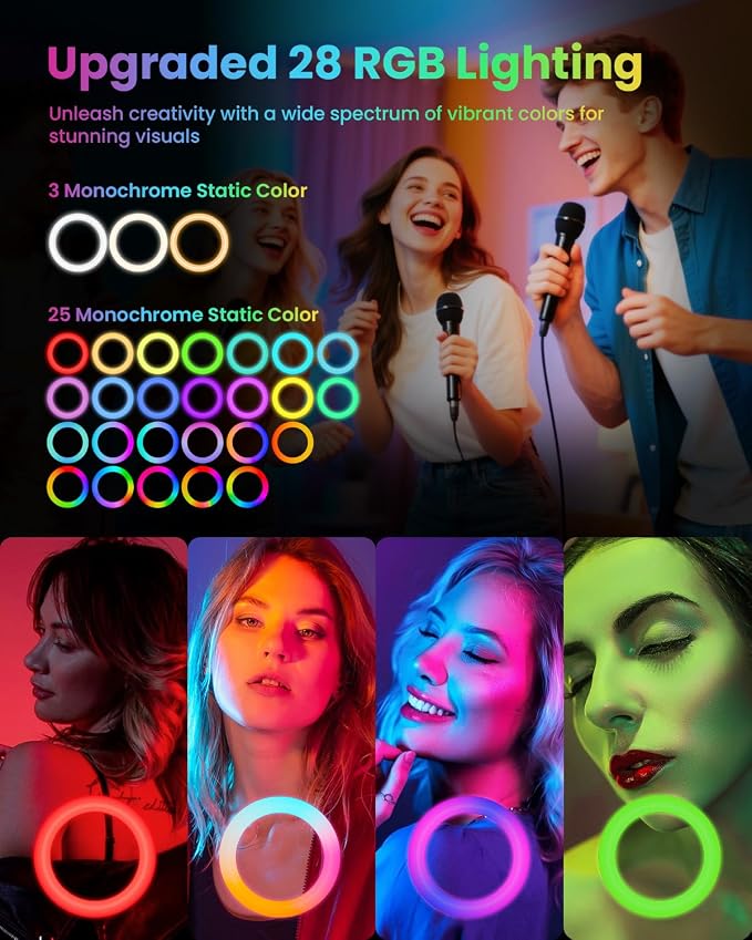 10" RGB Ring Light with 66'' Tripod Stands, 2 Phone Holder, Remote | 28 Color & 10 Brightness Level, Circle Ring Light for Live Stream, TikTok, YouTube, Makeup, Compatible with iPhone & Android - Image 4