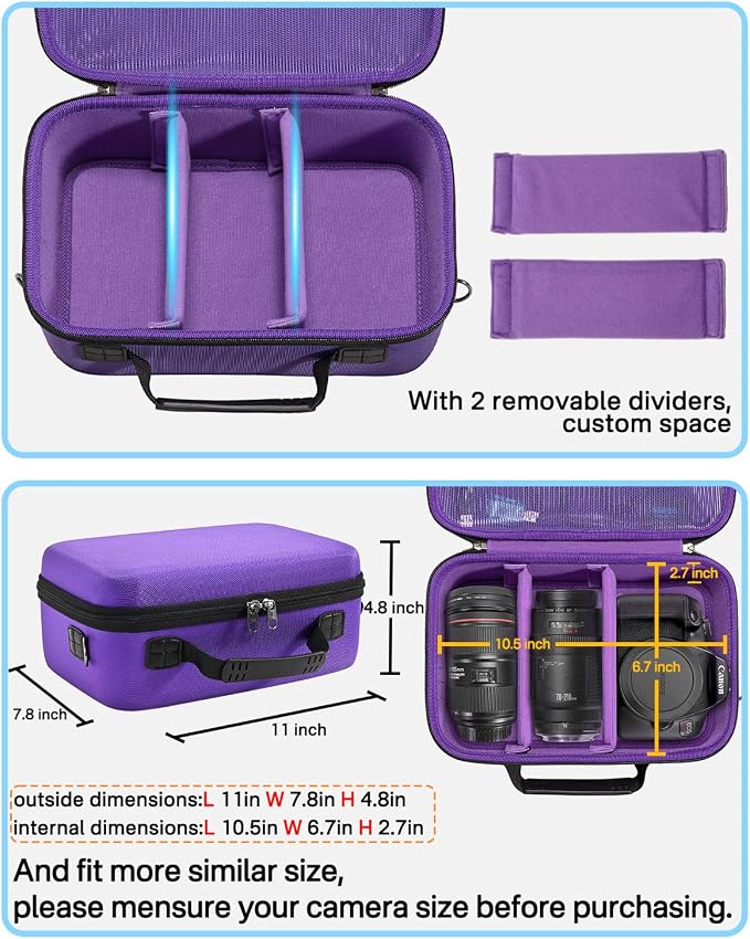 RAIACE Hard Carrying Case Compatible with Canon EOS Rebel T7/ T100/ T6/ R100/ R50/ R5/ R7/ R8, for Sony, for Nikon Camera. Large Capacity Camera Bag for Lens, Cables, Cards and Accessories. - Purple - Image 3