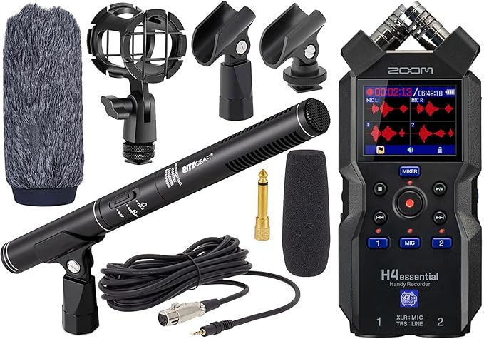 Zoom H4essential New H4n 4-Track Recorder with Ritz Gear Professional Video, Cinema and Broadcasting Shotgun Microphone for Indoor & Outdoor Film, Interview & Studio Complete Recording Kit (Black) by ZoomNorthAmerica