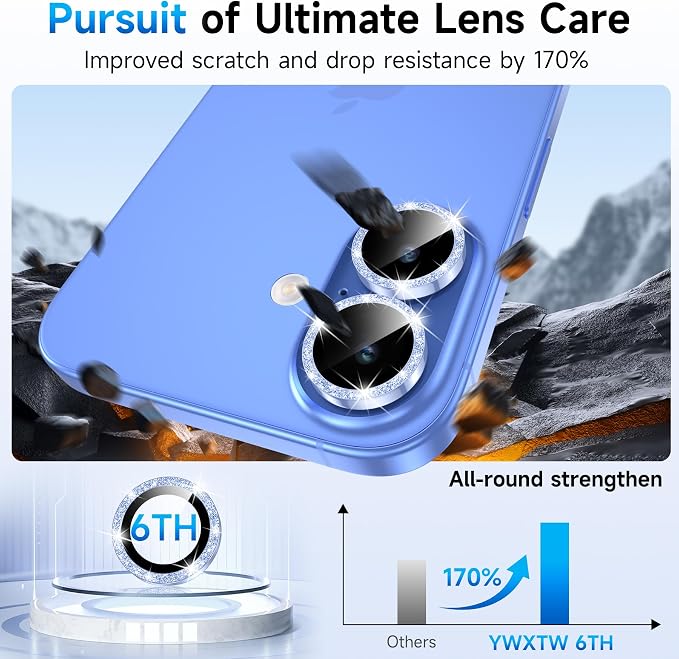 YWXTW Camera Lens Protector for iPhone 17, Individual Bling Glitter Metal Ring Tempered Glass Camera Screen Protector for iPhone 17 Accessories, Case Friendly (Glitter Blue) - Image 3