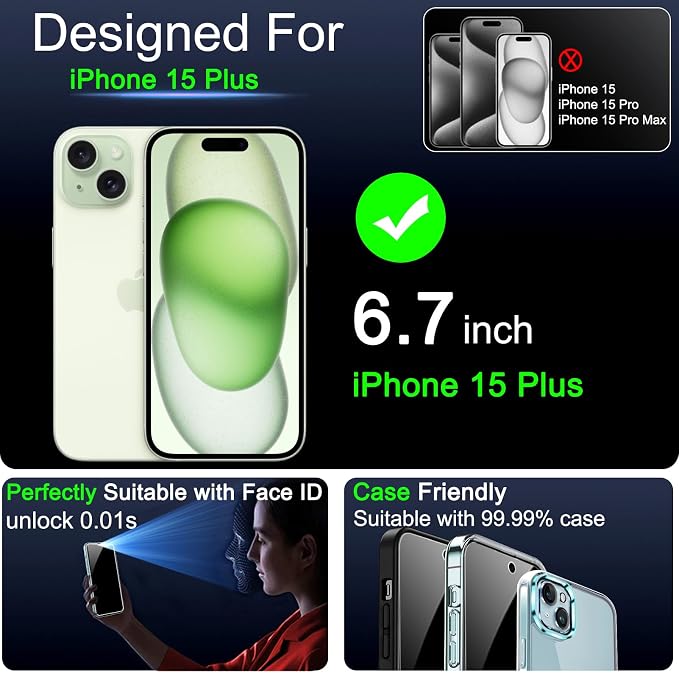 IMBZBK 3 Pack Privacy Screen Protector for iPhone 15 Plus, Tempered Glass | 9H+ Hardness, Military Grade Shatterproof, Case Friendly, Bubble Free Easy Installation Frame, with 3 Camera Lens Protectors - Image 2