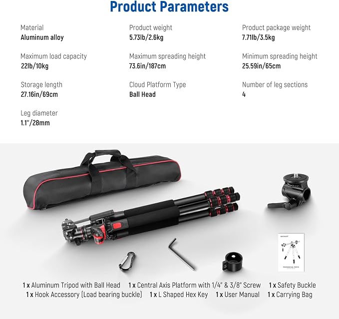 NEEWER 73.6" Horizontal Tripod with Multi Angle Center Column, Ball Head & Central Axis Platform, Heavy Duty Aluminum Camera Tripod Monopod 360° Pan 180° Tilt for Overhead/Macro Shots, Max Load 22lb - Image 9