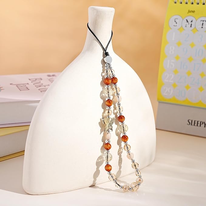 Cell Phone Charm Beaded Phone Wrist Strap Warm Tone Crystal Aesthetic Handmade Anti-Lost Chain Bracelet for iPhone Samsung All Smartphones Boho Fall Wristlet Women Girls Vintage Amber Gold Butterfly - Image 8