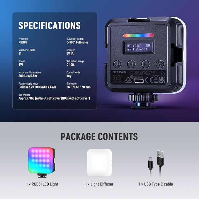 NEEWER Magnetic RGB Camera Light, 360° Full Color RGB61 Small LED Panel Video Light with 3 Cold Shoe Mounts/CRI 97+/20 Scene Modes/2500K-8500K/2000mAh Portable Recording Photography Selfie Lighting - Image 9