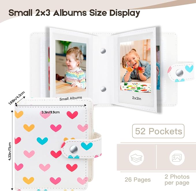 Ruibytree 52-Pocket Small Photo Album for 2x3 Pictures, Spine White, 1 Pack | Pocket-Size, PU Leather Cover, Snap Closure, Acid-Free Pages, Fits Polaroid 2x3 Photos, Kodak Mini Prints & ZINK Photos - Image 3