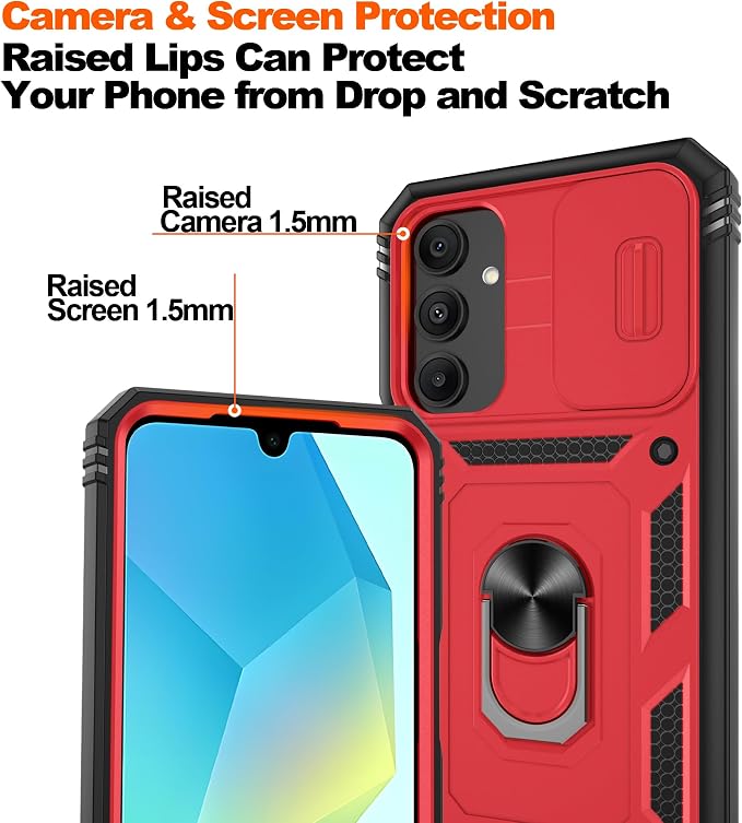 for Samsung Galaxy A06 Phone Case with 2PCS Screen Protector, Galaxy A06 Case Build in 360° Rotating Ring Kickstand, Military Grade Protective Case for Samsung A06 Phone, Red+Black - Image 4