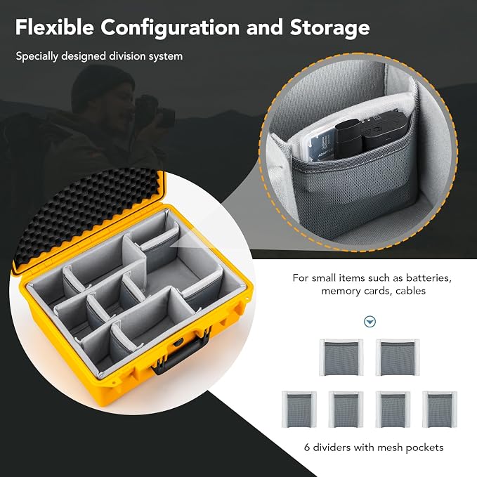 Lykus PVC1 Hard Case with Dividers for Cameras,Lenses,DJI Mavic/Air/Mini | For Photo Cameras,Drones,Portable Cameras and Their Mixes,6 Removable Dividers,Mesh Pockets,IP67 Waterproof,Shockproof - Image 4