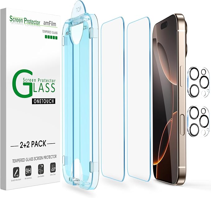 amFilm OneTouch for iPhone 16 Pro Max Screen Protector 6.9'' Tempered Glass | Auto-Alignment, 30s Install, Bubble Free, Scratch & Drop Protection, HD Clear, Camera Lens Protector, 2+2 Pack (16P-6.9'') by amFilm