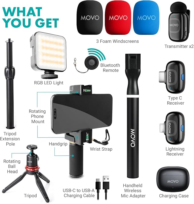 Movo iVlogger-PRO Wireless Vlogging Kit for iPhone/Android - YouTube Starter Kit with Wireless Microphone and LED Light for Content Creators - Image 7