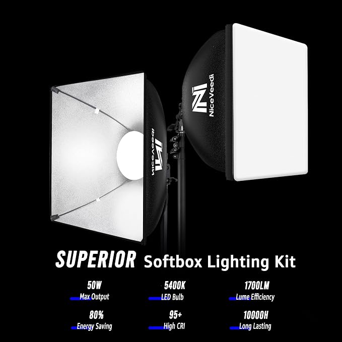 Softbox Lighting Kit, NiceVeedi 16'' x 16'' Softbox Photography Lighting Kit with 63” Tripod Stand & 5400K 450W Equivalent LED Bulb, Continuous Lighting for Photography/Video Record/Live Streaming | with 63” Tripod Stand & 5400K 450W Equivalent LED Bul... - Image 2