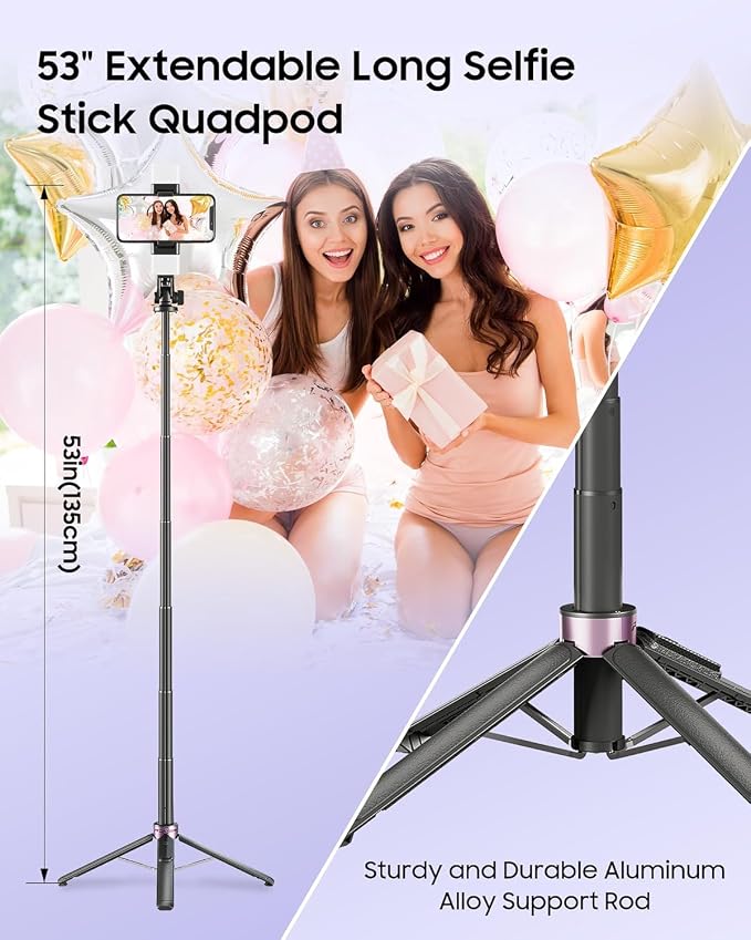 53" Selfie Stick Tripod with Dual Fill Lights and 4-Leg Base | Enhanced 4-leg Steady Base, Rechargeable Wireless Remote control, 2 Fill Lights, Travel Essentials for iPhone Android - Image 3