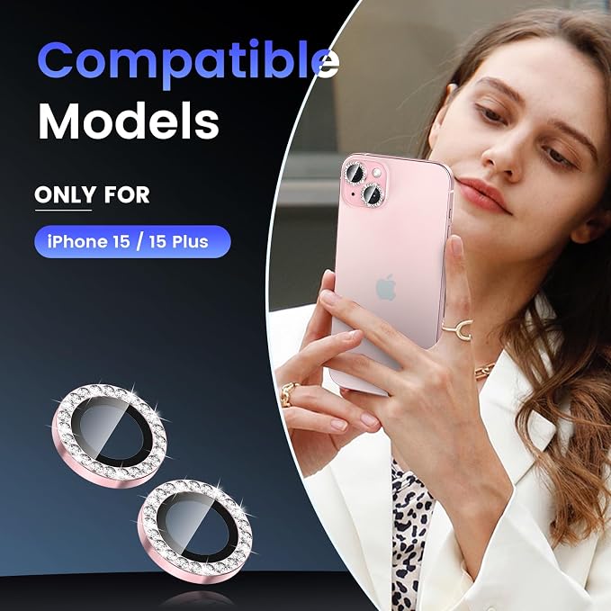 Tensea for iPhone 15/15 Plus Camera Lens Protector Bling, Camera Cover | 9H Tempered Glass Camera Screen Protector, Metal Individual Ring for iPhone15 6.1inch/ 15Plus 6.7inch, HD Clear, Easy Install - Image 2