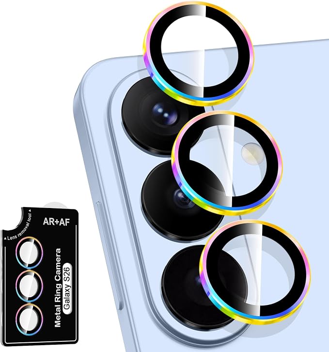 for Samsung Galaxy S26 Camera Lens Protector, Individual Metal Ring Tempered Glass Lens Cover, [Strong Adsorption] Scratch Resistant Ultra-Thin HD Clear Lens Cover, 1 Set-Colorful Ring by Btscase