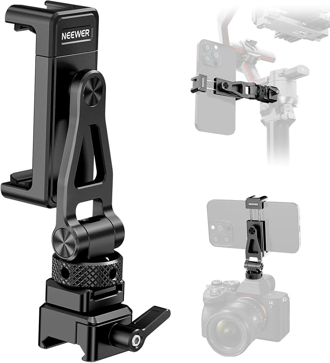NEEWER Metal Phone Tripod Mount with Cold Shoe NATO Clamp Compatible with DJI RS5 RS4 RS3 Pro RS2 RSC2 Gimbal Stabilizer, 180° Tilt Phone Clip Holder Compatible with iPhone 15 Pro Camera Cage, GA010 by Neewer
