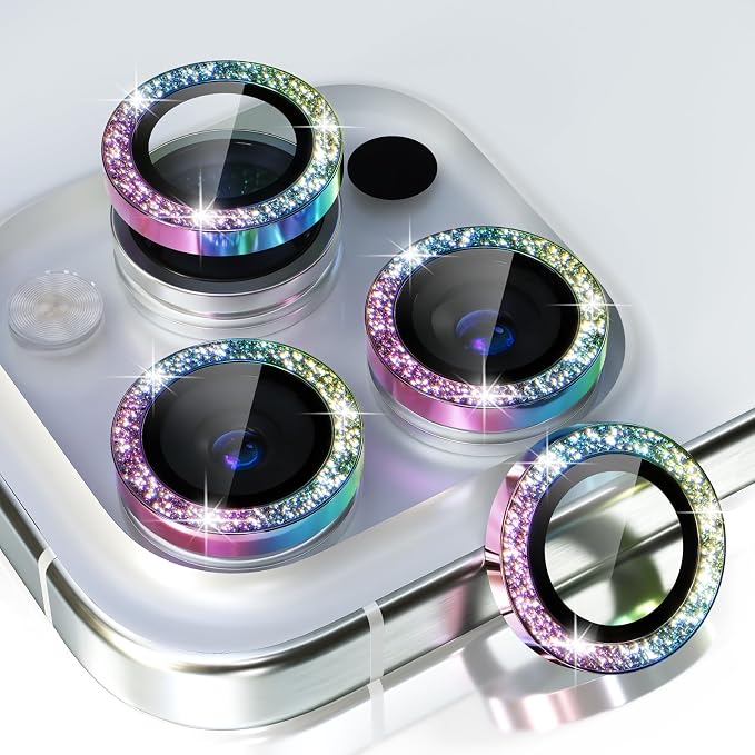Choiche for iPhone 15 Pro/iPhone 15 Pro Max Camera Lens Protector | Ultra HD, Bling 9H Tempered Glass Camera Cover Screen Protector Metal Ring Decoration Accessories (Glitter-Colorful) by Choiche