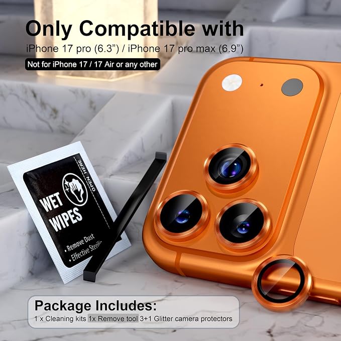 Choiche for iPhone 17 Pro/iPhone 17 Pro Max Camera Lens Protector | Ultra HD, 9H Tempered Glass Camera Cover Screen Protector Metal Ring Decoration Accessories (Orange) - Image 2