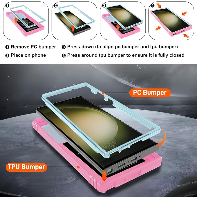 Gritup for Samsung Galaxy S23 Ultra Case with 2PCS Screen Protector, Build in 360° Rotating Ring Kickstand, Military Grade Protective Case for S23 Ultra Phone, Green+Pink - Image 4