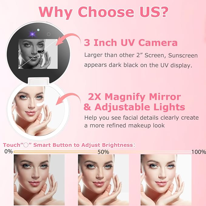 UV Camera for Sunscreen Test with 2X Magnifying Vanity Mirror 3.8 Inch | Rechargeable UV Mirror Sunscreen Camera with Light Handheld Double-Sided Pocket Mirror for Skin Protection(White) - Image 2