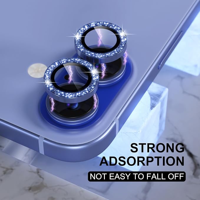 Choiche for iPhone 16/16 Plus Camera Lens Protector, Glitter-Ultramarine | Ultra HD, Bling 9H Tempered Glass Camera Cover Screen Protector Metal Individual Ring Accessories, 2-Lens, 6.1/6.7-inch - Image 6