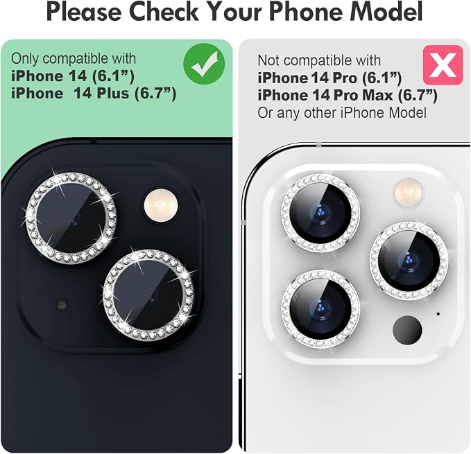 for iPhone 14/14 Plus Camera Lens Protector Bling Diamond, Black | Individual Metal, 9H Hardness, Scratch Resistant, Shockproof, Drop Protection, Case Friendly, Stylish Accessories - Image 2