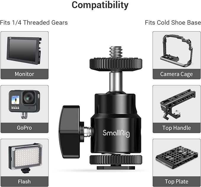 SmallRig 1/4" Camera Hot Shoe Mount, Ballhead Tripod with Additional 1/4" Screw, 2pcs Pack - 2059 | 1/4" Screw to Hot Shoe Adapter, Ballhead for 360° Adjustment, Includes Extra 1/4" Screw, 2pcs, Maximum Load 3kg - Image 6