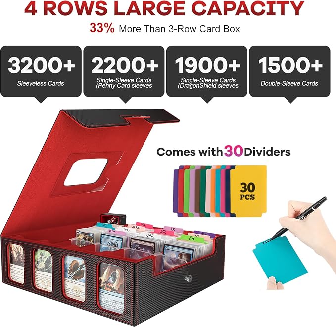 4-Row Trading Card Storage Box, Holds 3200+ Cards [US Patent], Black & Red | Large Capacity, Portable Handle & Display Windows, Compatible with MTG, Commander, Sports Cards and Other Standard TCG Cards - Image 3