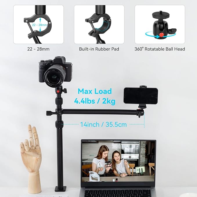 SMALLRIG Camera Desk Mount Table Stand, 13"-35.4" Adjustable Light Stand | Tabletop C Clamp with 1/4"-20 Screw Ball Head for DSLR Camera, Ring Light, Live Streaming, Photo Video Shooting - 3992 - Image 4