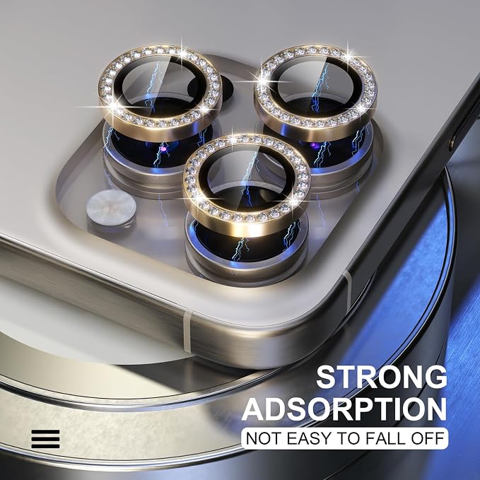 Choiche for iPhone 15 Pro/iPhone 15 Pro Max Camera Lens Protector | Ultra HD, Bling 9H Tempered Glass Camera Cover Screen Protector Metal Ring Decoration Accessories (Diamond-Gold) - Image 6