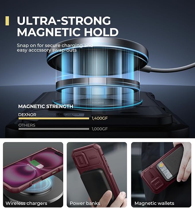 Dexnor for iPhone 16 Case with Slide Camera Cover & Adjustable Kickstand, Magnetic Rugged Shockproof Bumper Cases Heavy-Duty Magnetic Protective Cover,Maroon Red - Image 3