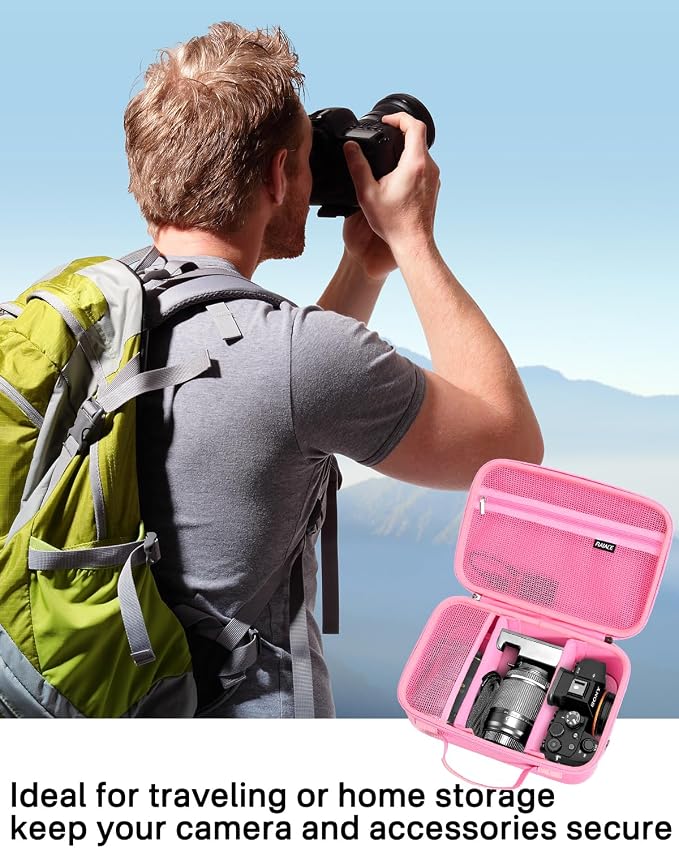 RAIACE Hard Case Compatible with Sony Alpha 7 II III IV/7R V Camera, for Nikon, for Canon, for Pentax and More. Large Capacity With Mesh Pocket for Lens, Charger, Cables, Cards and Accessories.-Pink - Image 7