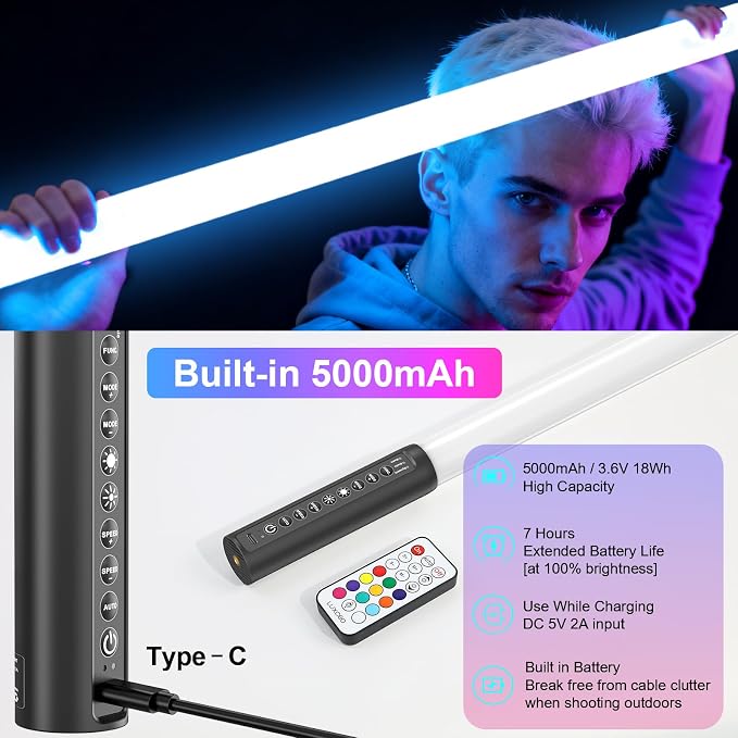 2 Pack 4ft Portable Battery Powered Tube Light 5000 mAh Handheld LED Tube Lights 120cm with Tripods, 500 Vivid Effects, for DJ Lighting, Dance, Photography, Light Painting, YouTube, Night Bar, Party - Image 5