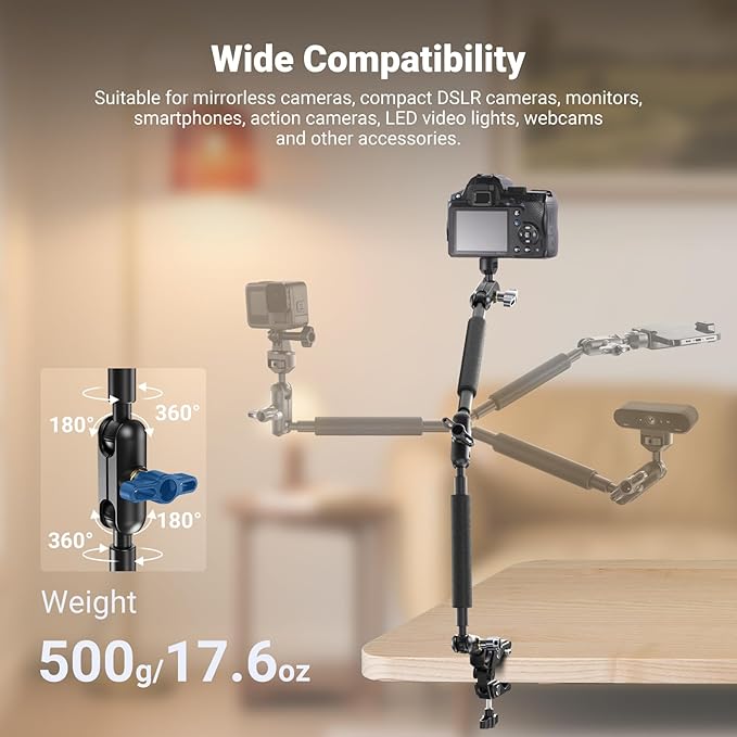 NEEWER 22" Magic Arm w Desk C Clamp, Overhead Camera Mount with Articulating Mic Boom Arm 1/4" 3/8" Threads for ARRI, Desktop Stand Holder for Phone Microphone Webcam Action Camera Video Light, UA057 - Image 2