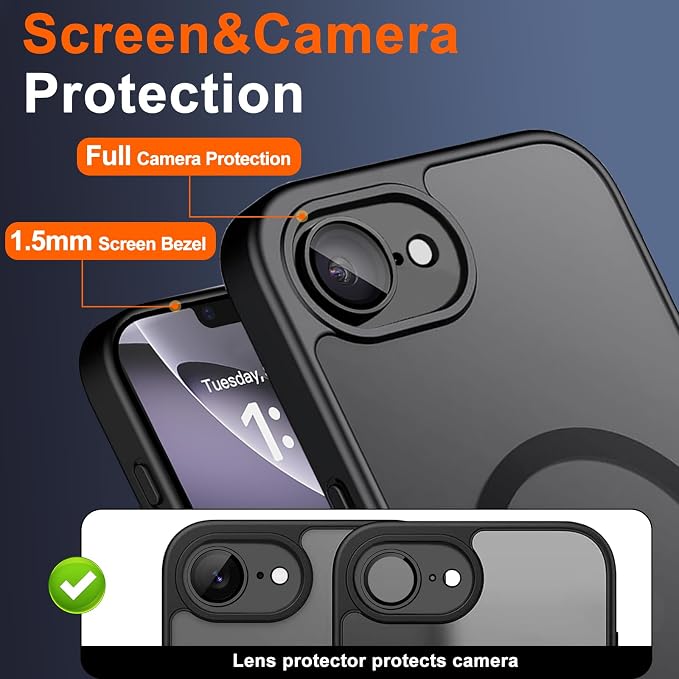 Magnetic for iPhone 17e Case & iPhone 16e Case, Black | Full Camera Protection, Privacy Screen Protector, Compatible with MagSafe, Translucent Matte Shockproof Cover for 17 e 16 e - Image 5