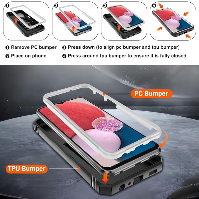 Gritup for Samsung Galaxy A13 4G Case with 2PCS Screen Protector, Build in 360° Rotating Ring Kickstand, Military Grade Protective Cover for A13 4G Phone, White+Black - Image 4