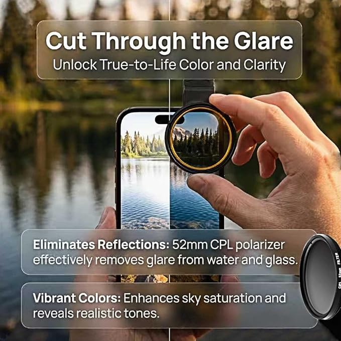 52mm CPL Lens for iPhone – Phone Camera Lens Filter Kit, Polarizing CPL Filter iPhone Compatible, Anti-Glare Phone Lens Clip for Travel, Landscape & Vide - Image 5