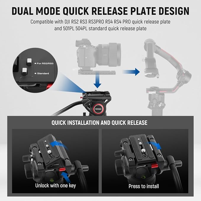 NEEWER 76" Video Camera Tripod with Fluid Head, One Step Quick Release Portable Tripod, Aluminum Heavy Duty Tripod Stand, Dual Mode QR Plate for DSLR Cameras Camcorders, Max Load 17.6lb, LL27 - Image 5
