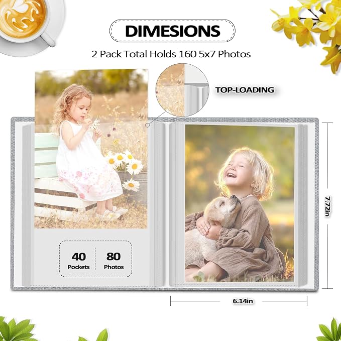 Popotop 2 Pack Photo Album 5x7 Pictures, Small Linen Slip-in Photo Albums Book for 80 Photos with 40 Pockets, Birthday Gifts for Women Mom Family Baby - Image 3