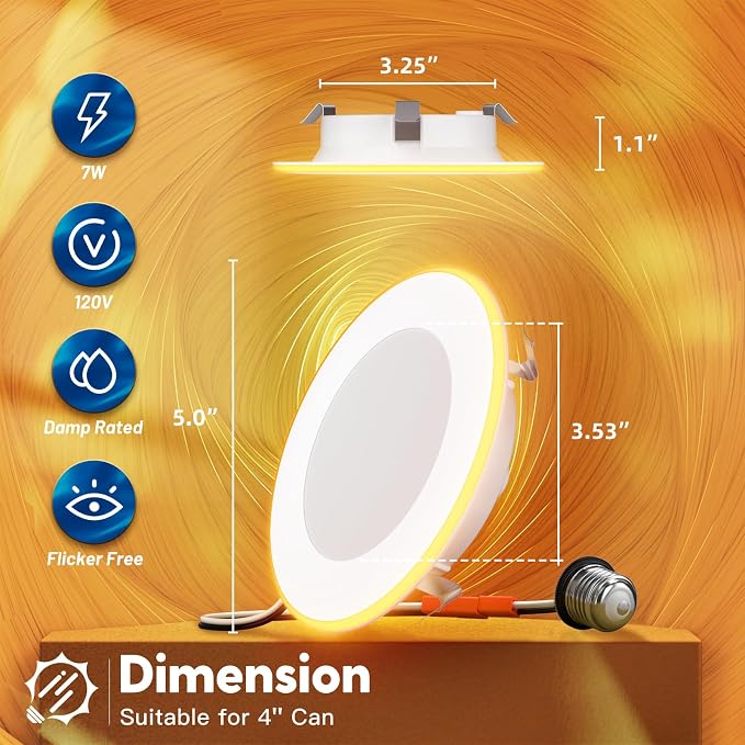 FREELICHT 4 Pack 4 Inch 5CCT LED Recessed Lighting with Night Light | 2700K/3000K/4000K/5000K/6000K Selectable,Dimmable Retrofit Flat Can Lights, 700LM ,7W=60W, IC & Damp Rated, ETL & FCC - Image 7