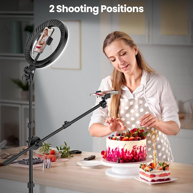 LUXSURE Ring Light with 62'' Tripod Stand for Video Recording, 10.5'' Ring Light Tripod for iPhone with 2 Shooting Positions, Overhead Phone Mount for YouTube, Makeup, Cooking - Image 2