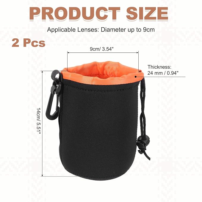 PATIKIL 2 Pcs Camera Lens Pouch, 4" ID x 6" H Drawstring Orange Interior Lens Pouch Protective Camera Lens Case Bag Soft Plush Neoprene Bag for DSLR Photography Gear, Black/Orange - Image 2