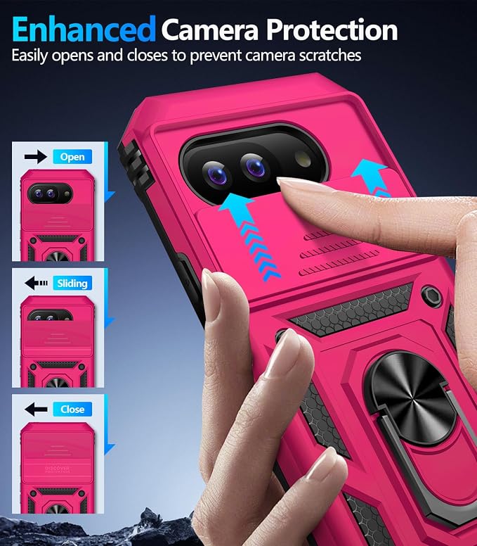 Taisairu for Google Pixel 10A Case with Screen Protector & Slide Camera Lens Cover,Built-in 360°Rotate Magnetic Ring Stand Shockproof Protective Phone Case for Google Pixel 10A Case (Hot Pink) - Image 6