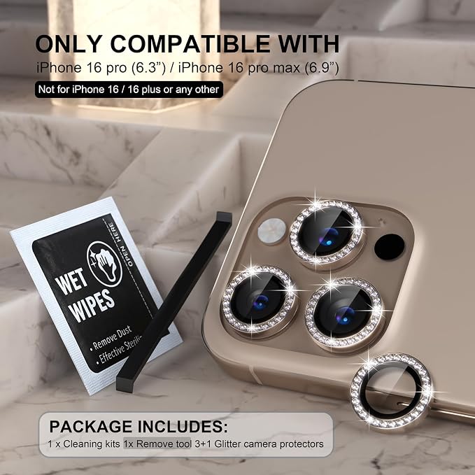 Choiche for iPhone 16 Pro/iPhone 16 Pro Max Camera Lens Protector | Ultra HD, Bling 9H Tempered Glass Camera Cover Screen Protector Metal Ring Decoration Accessories (Diamond-Titanium Desert) - Image 2