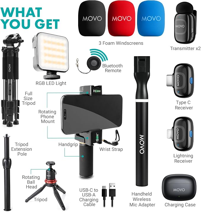 Movo iVlogger-PRO Wireless Vlogging Kit for iPhone/Android | Fullsize Tripod, YouTube Starter Kit with Wireless Microphone, Tripod, LED Light for Content Creators - Image 7