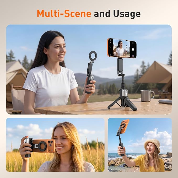AMAZEAR Phone Camera Grip with Selfie Stick Tripod, Cellphone Accessories with Detachable Wireless Shutter Button for iPhone 16 17 Pro Max, Comfort Ergonomic Smartphone Handle Holder, Black - Image 2