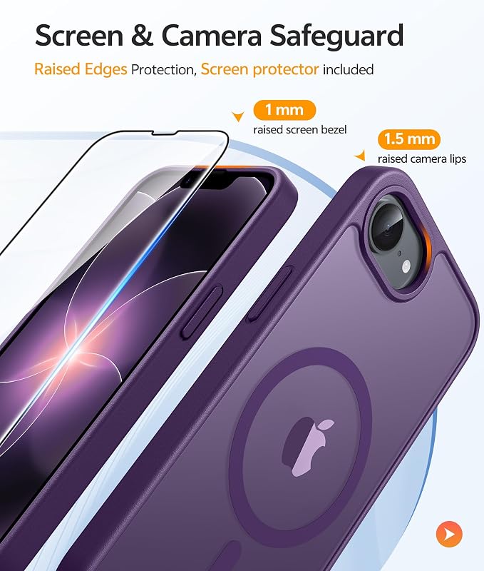 FNTCASE for iPhone 17e/ iPhone 16e Case, Fit for Magsafe, Screen Protector | Translucent Matte Magnetic Back, 14FT Military Grade Drop Protection, Shockproof Protective Phone Cover, Purple - Image 4