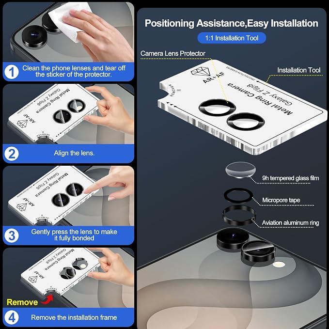 for Samsung Galaxy Z Flip 8 Camera Lens Protector, Individual Metal Ring Tempered Glass Lens Cover, [Strong Adsorption] Scratch Resistant Ultra-Thin HD Clear Lens Cover, 1 Set-Black Ring - Image 7